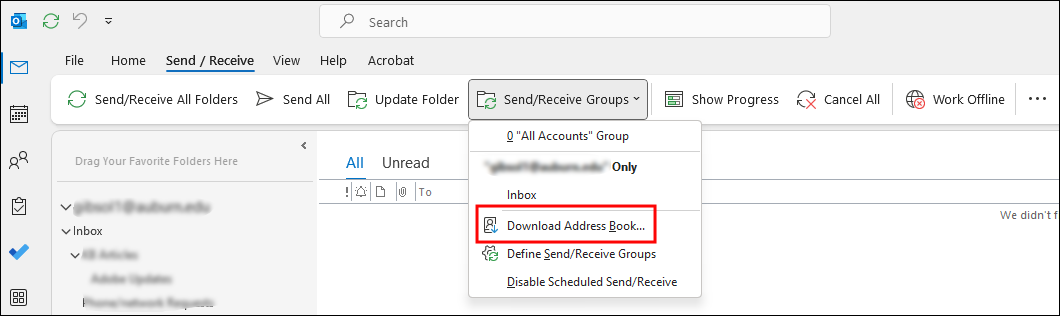 image of send/receive groups tab in Outlook