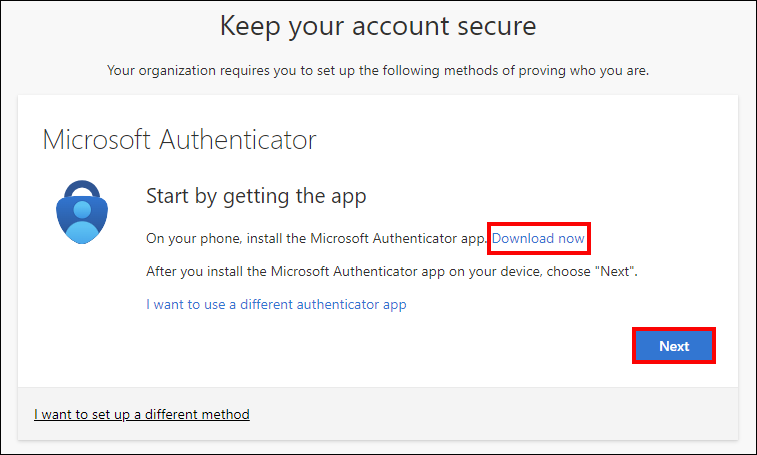 Alumni and retiree Outlook MFA Authenticator App Start Screen