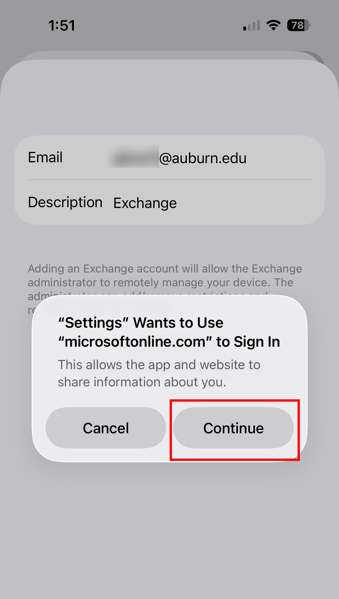 iOS mail app continue sign in 