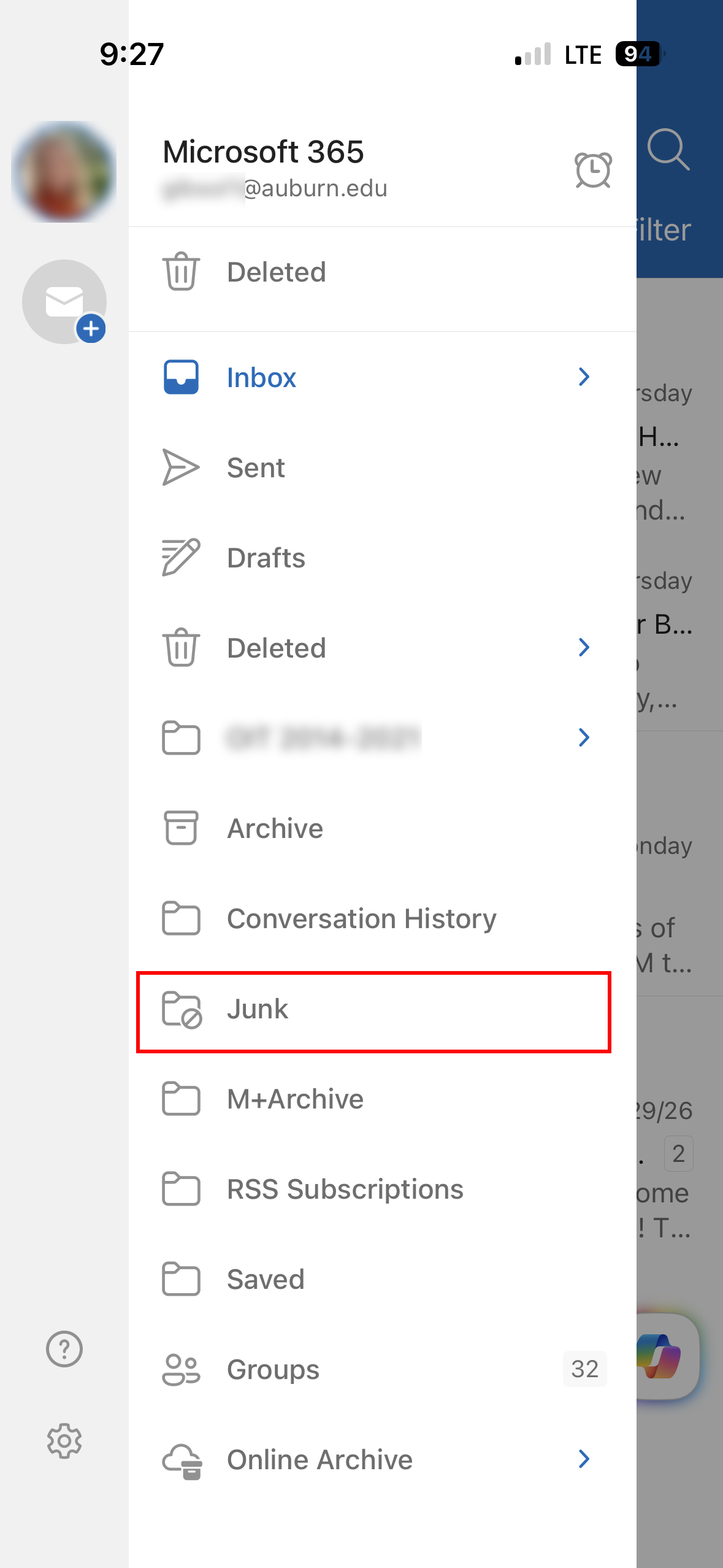 Outlook mobile app junk folder
