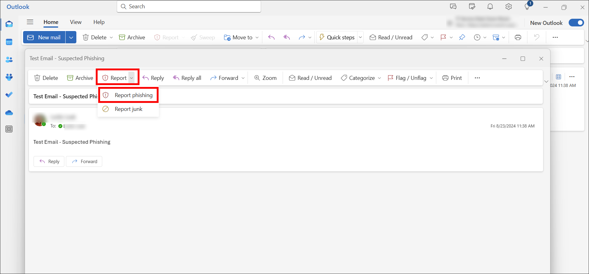 New Outlook Report Phishing Button