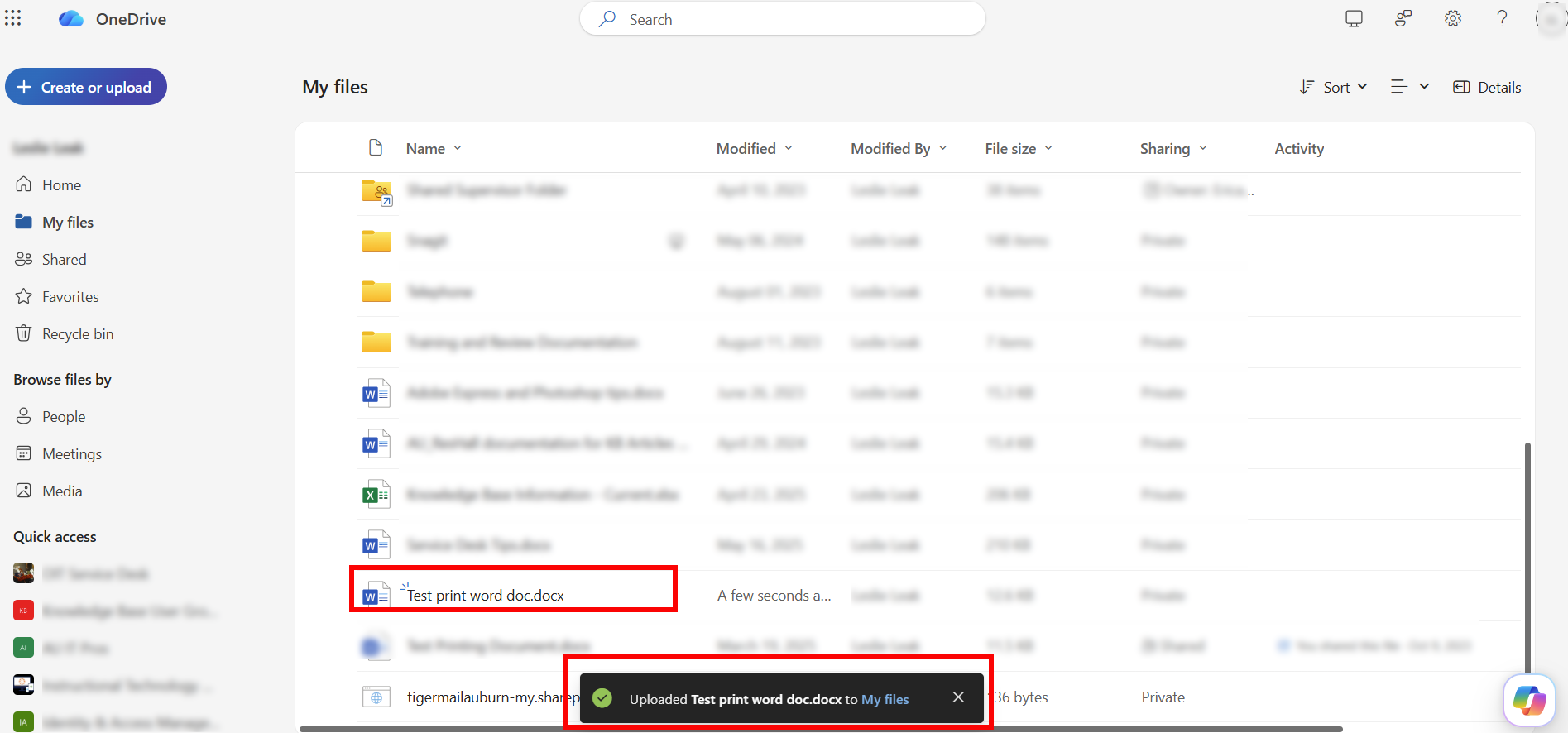OneDrive on the web file upload complete