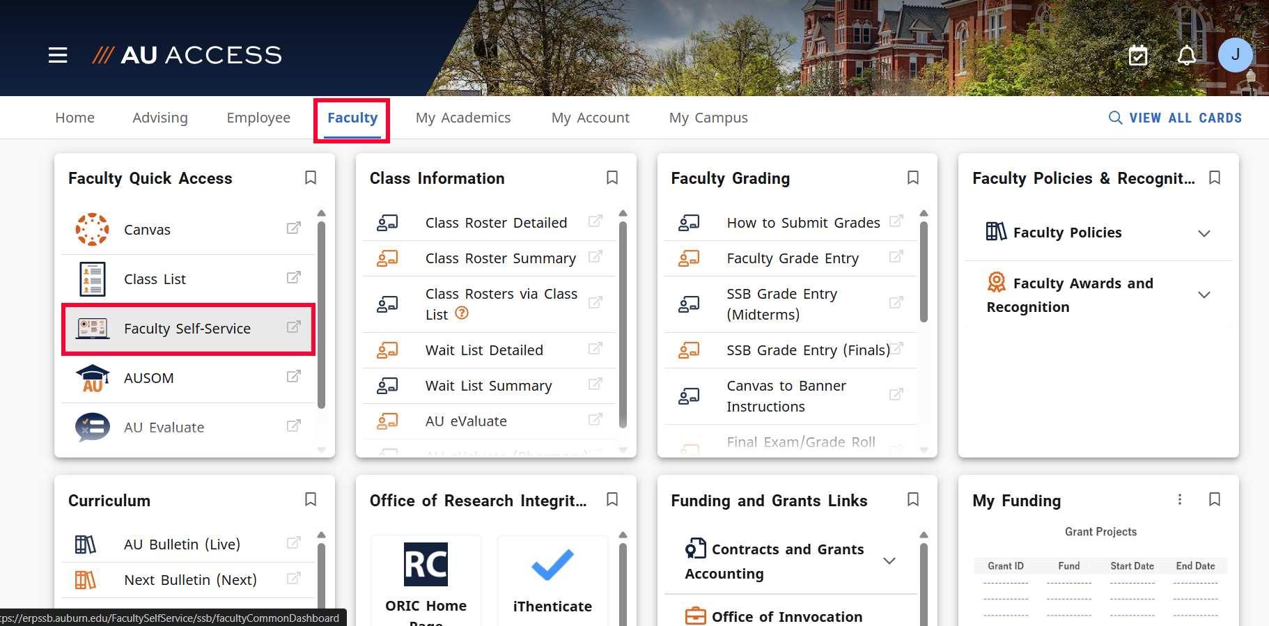 AU Access faculty tab faculty self service