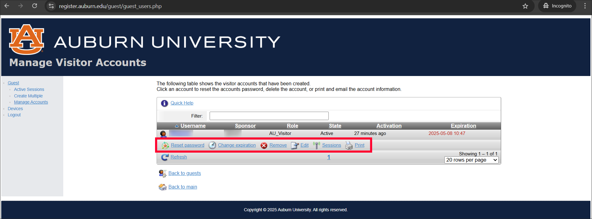 Managing temporary guest accounts screen