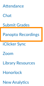 panopto recordings highlighted in navigation menu 