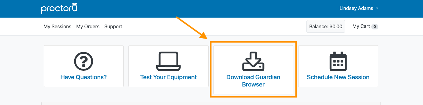 Download Guardian browser highlighted in the ProctorU menu.