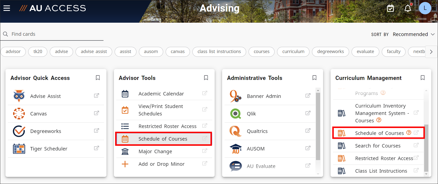 AU Access Schedule of Courses in Advising tab