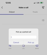 Teams Voice enter parked call code on mobile app