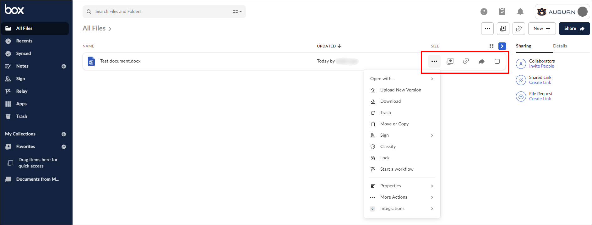 Box file and folder options