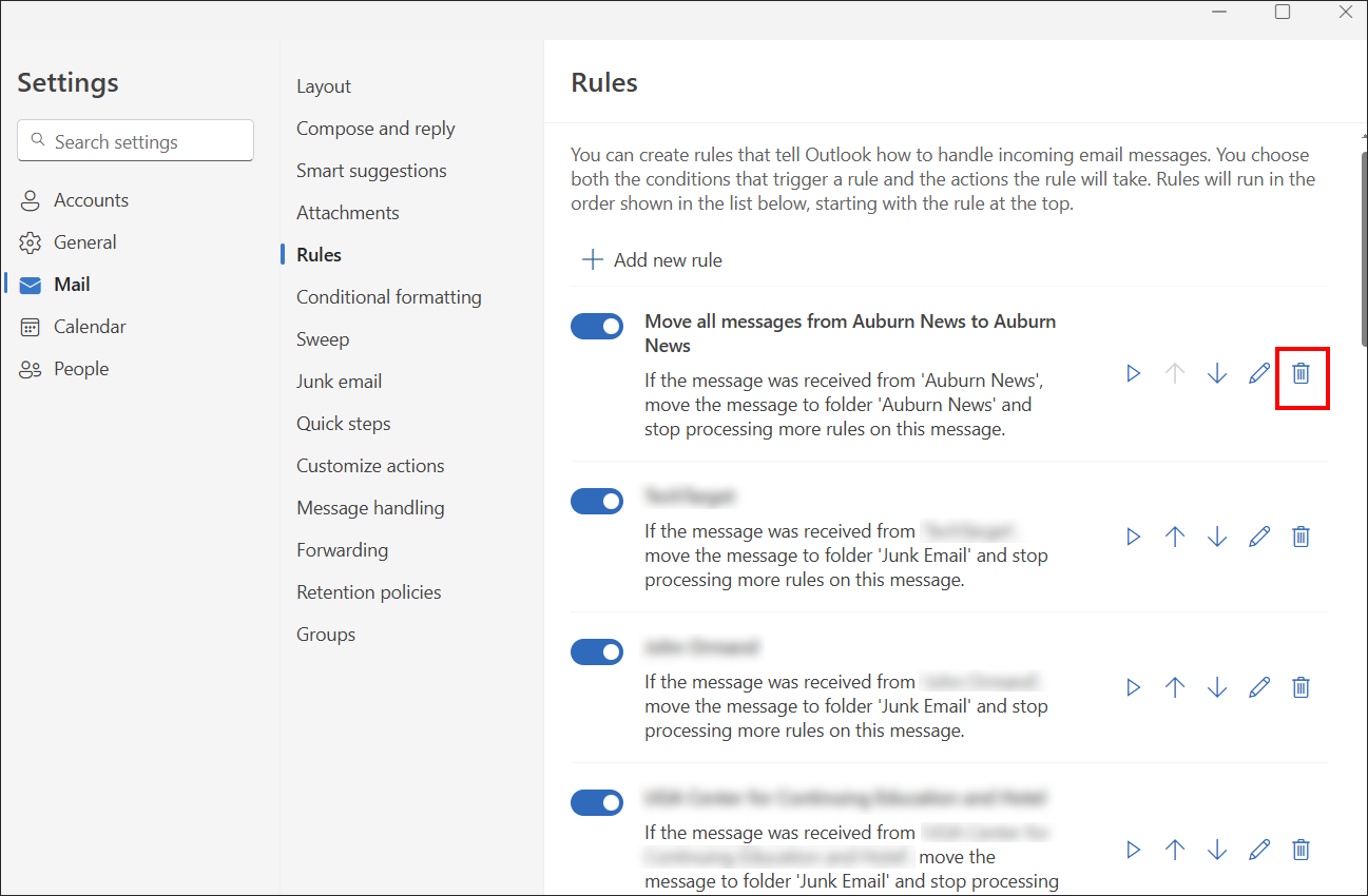 new outlook delete existing rule