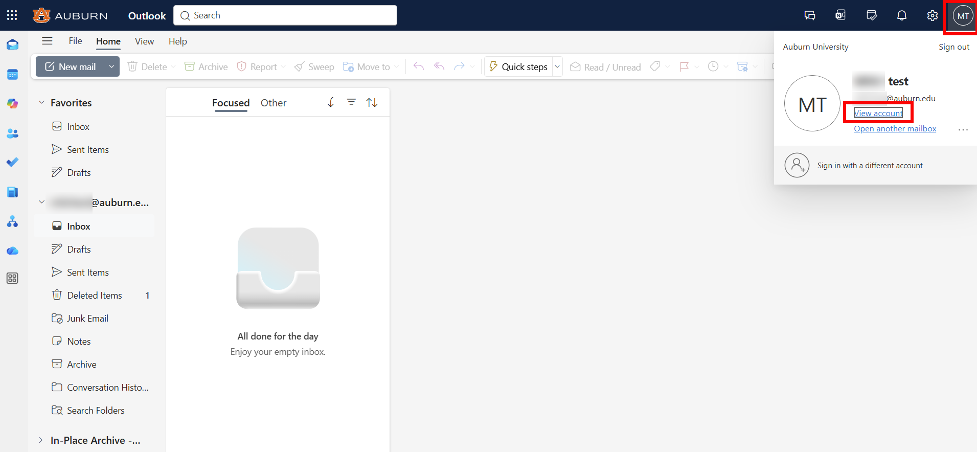 Alumni or retiree Outlook view account screen