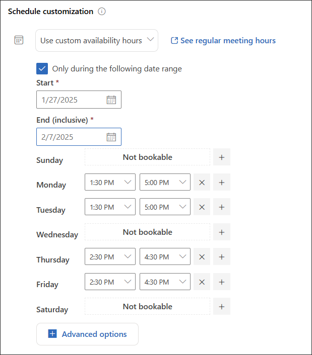 Bookings schedule custom availability hours