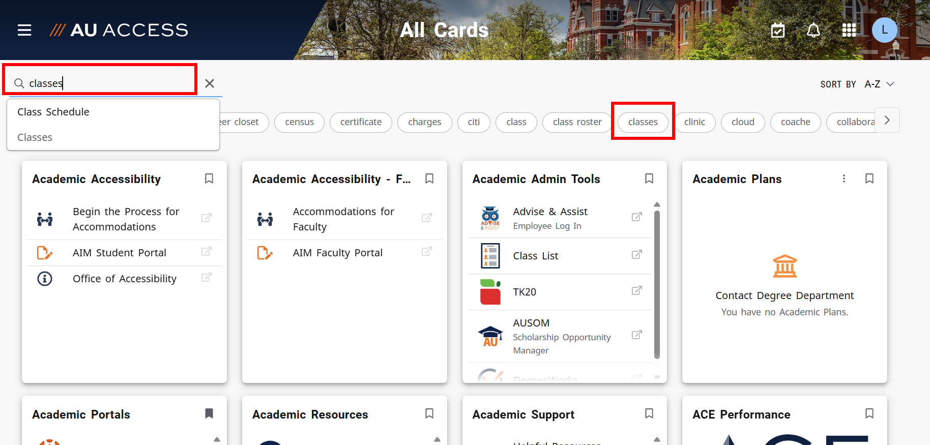 Student AU Access discover search bar