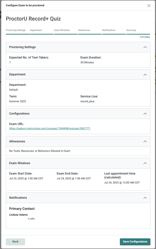 Summary screen showing test-taker count, duration, settings, exam window, and primary contact for a ProctorU exam.