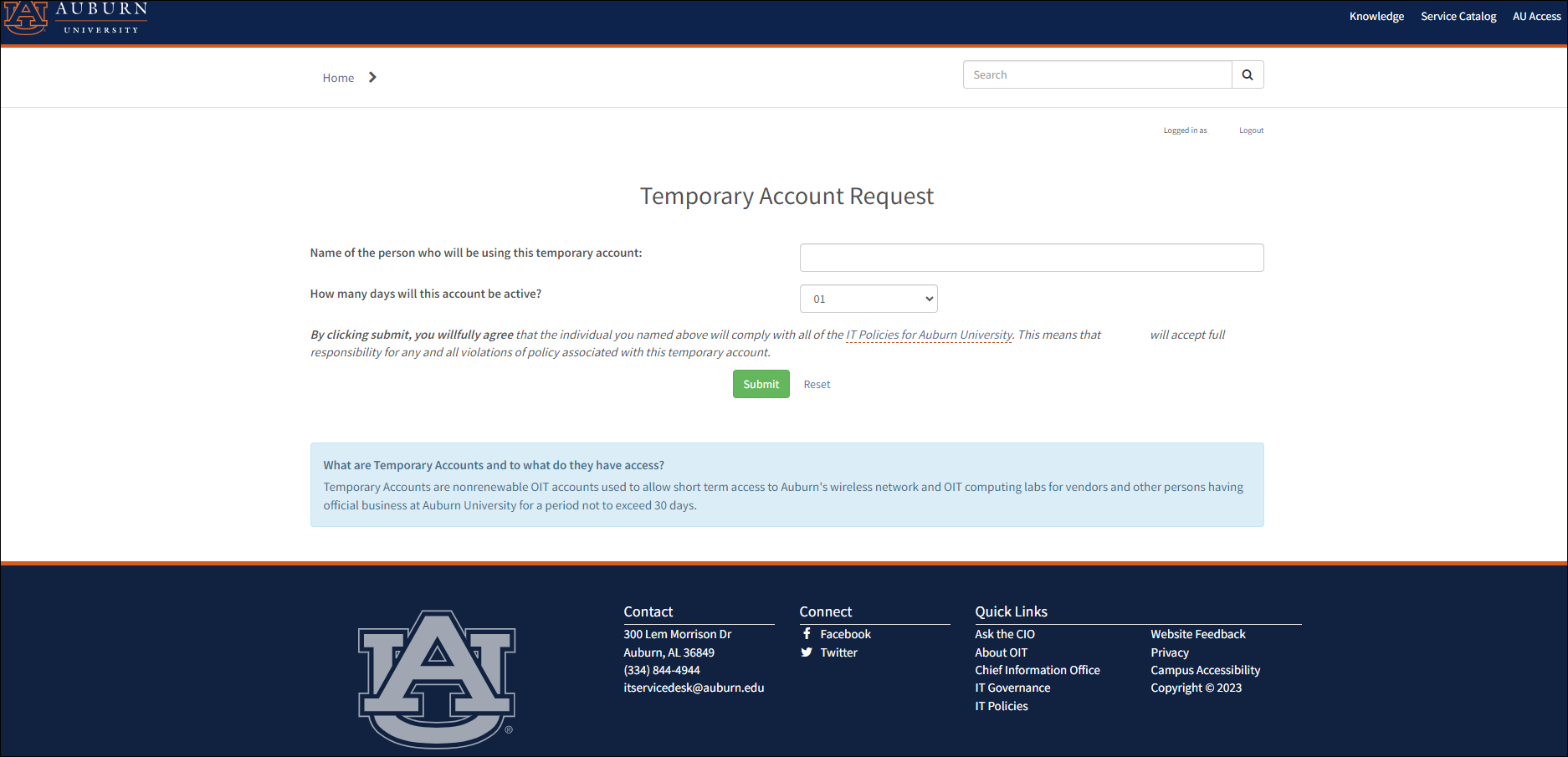 Computer Lab Wireless Account screen