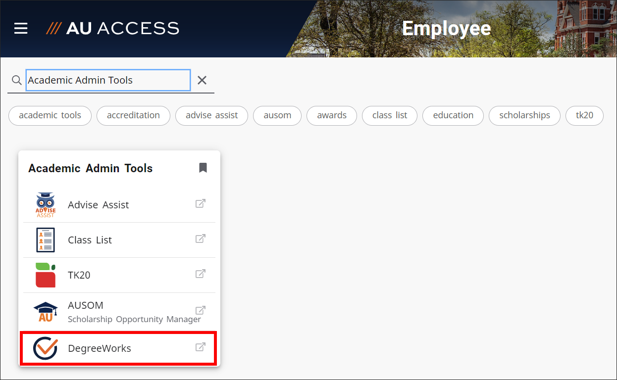 AU Access Employees tab DegreeWorks