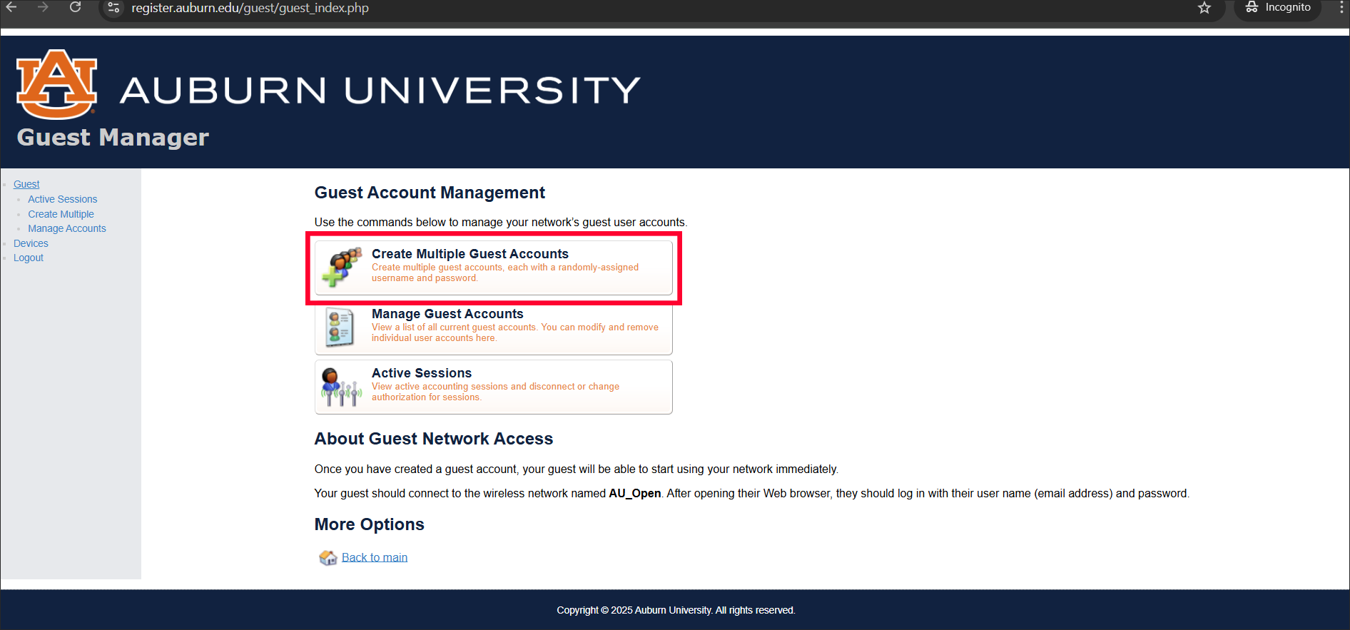 Create Multiple Guest Accounts screen