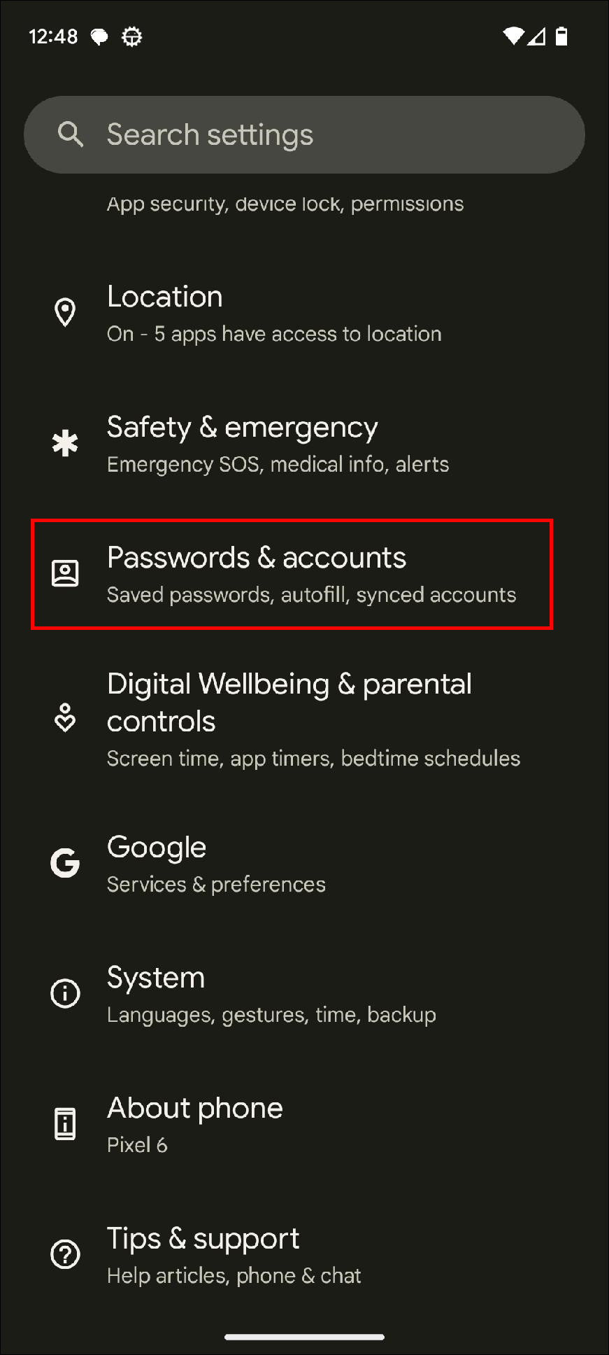 android passwords and accounts screen