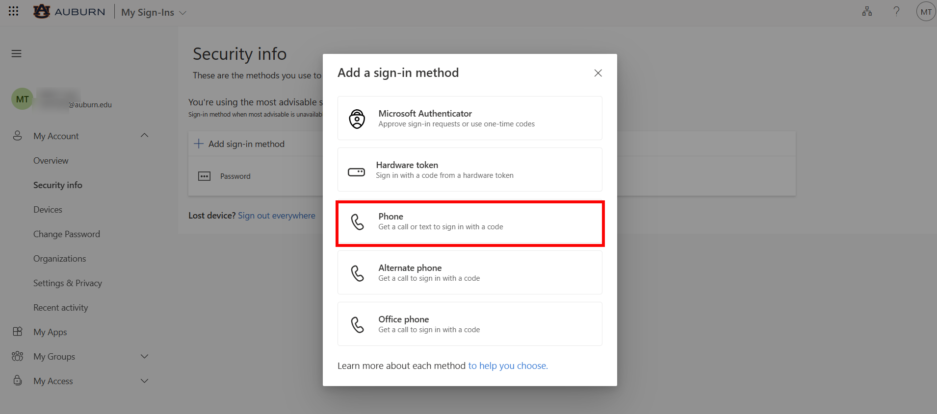Alumni and retiree Outlook add sign in method drop down screen