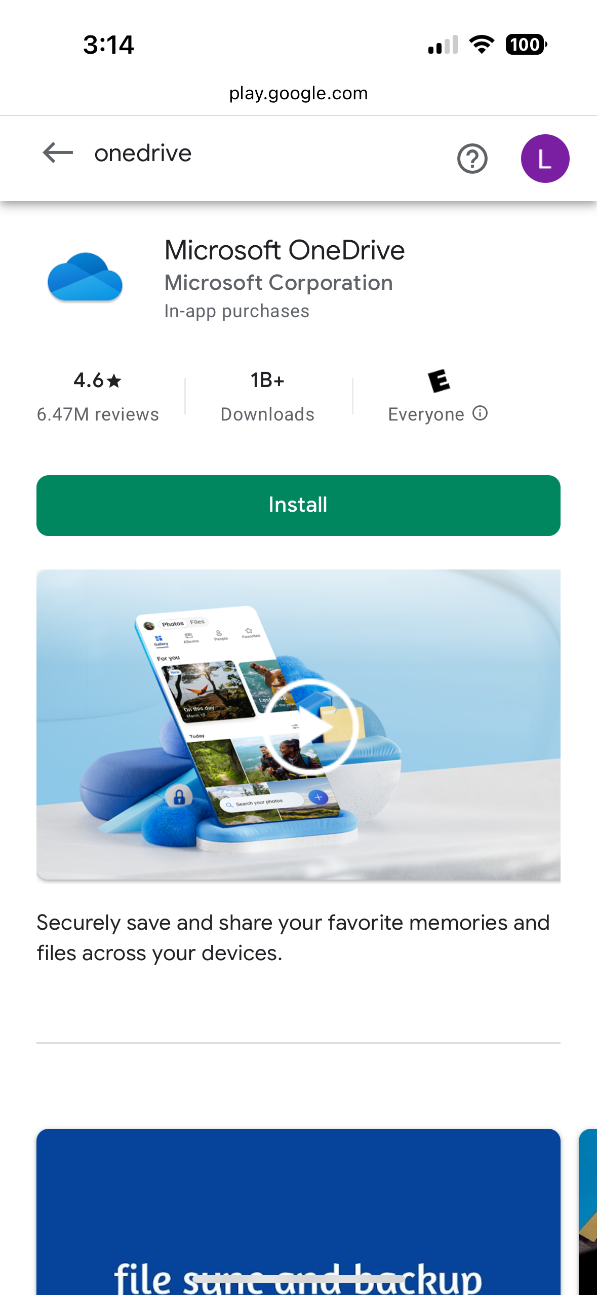 Microsoft OneDrive in Google Play Store