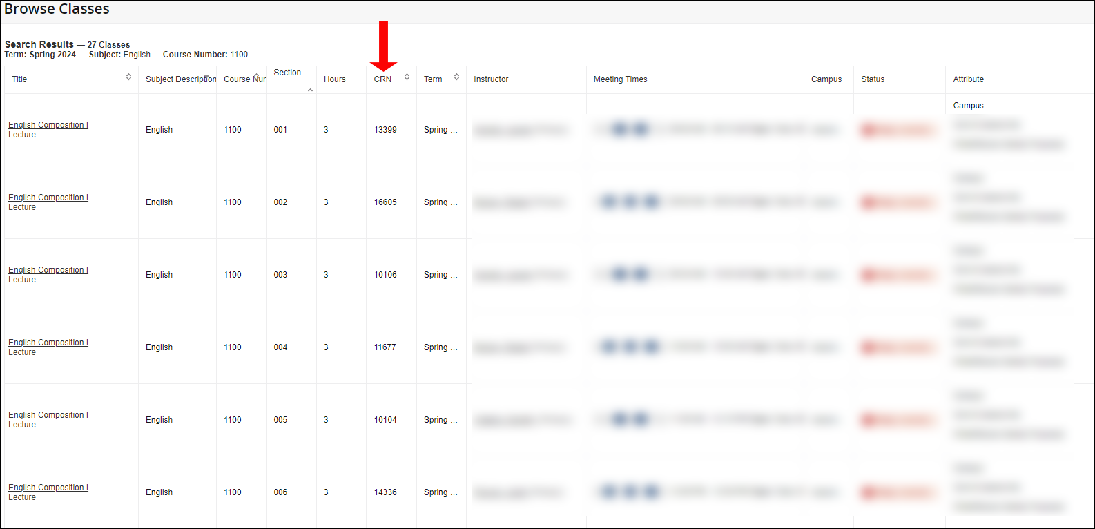 AU Access Course Listings screen