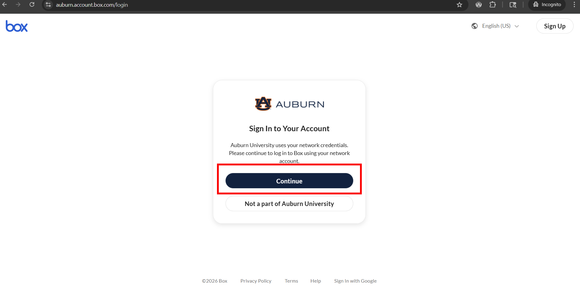 Auburn University login for Box at auburn.box.com