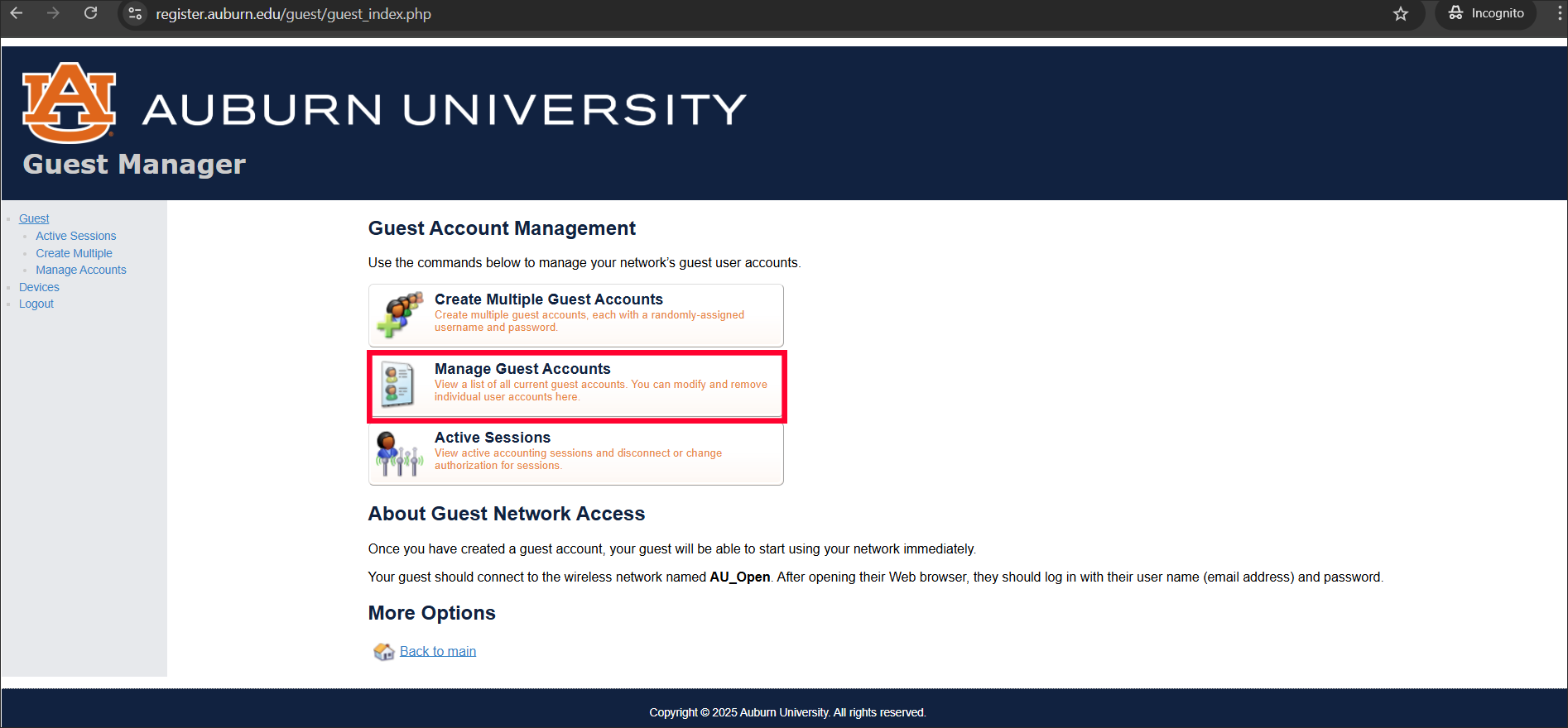 Managing Guest Accounts screen