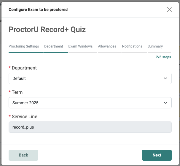 ProctorU configuration screen showing Department, Term, and Service Line settings for a Record+ Quiz.