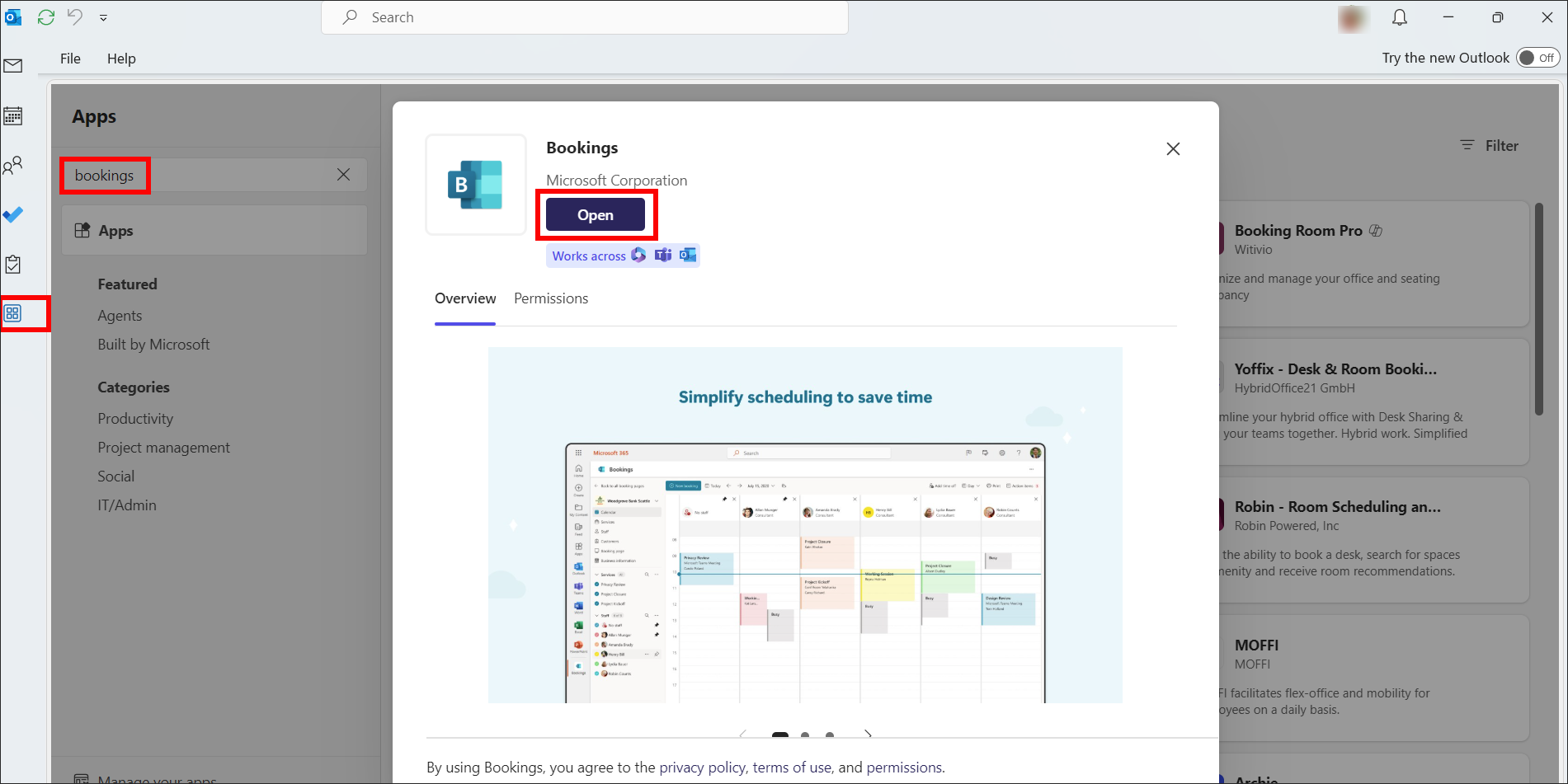Outlook desktop Bookings app