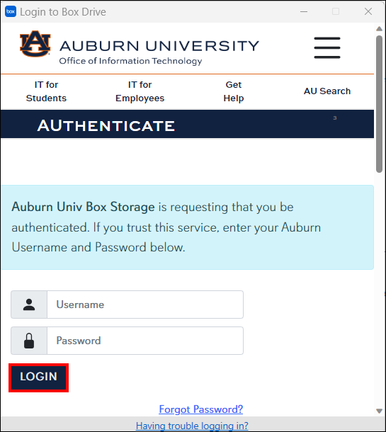 AU login credentials screen for Box