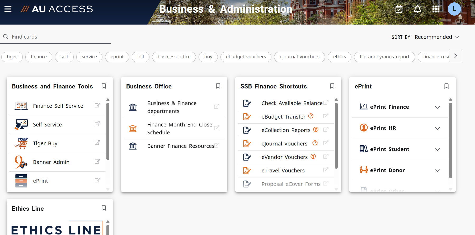 AU Access Business and Administration Tab