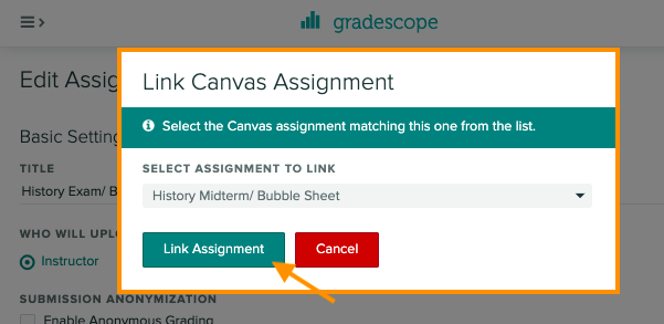 Link Canvas Assignment pop up with Link assignment with an arrow 
