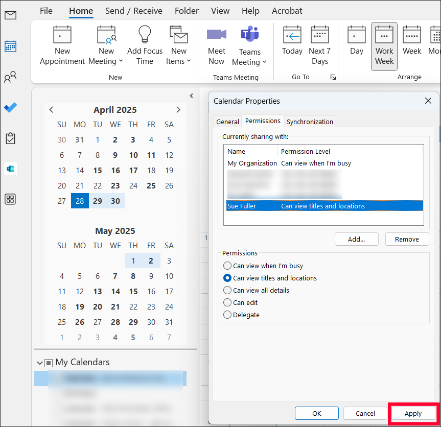 Outlook calendar permissions apply