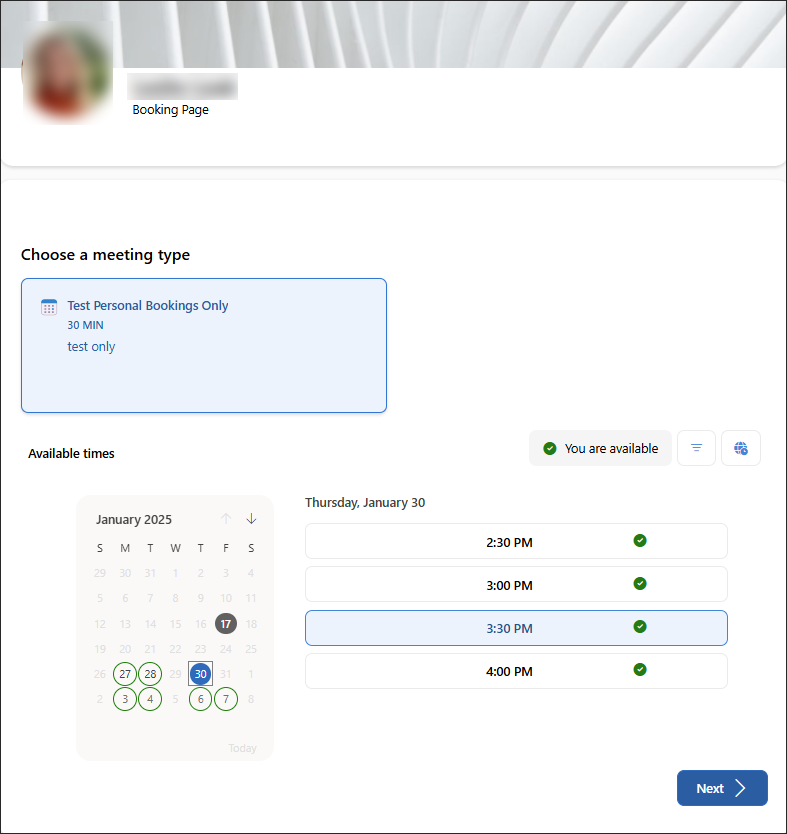 Microsoft Bookings meeting appointment page