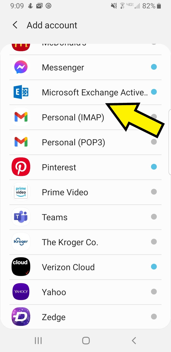 android, accounts, select exchange