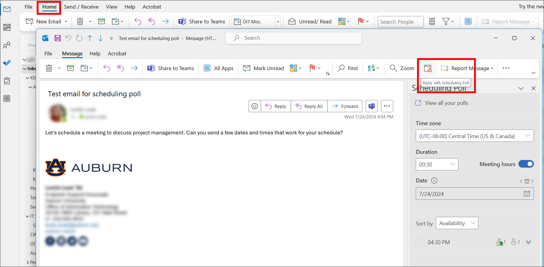Outlook reply with scheduling poll in an email