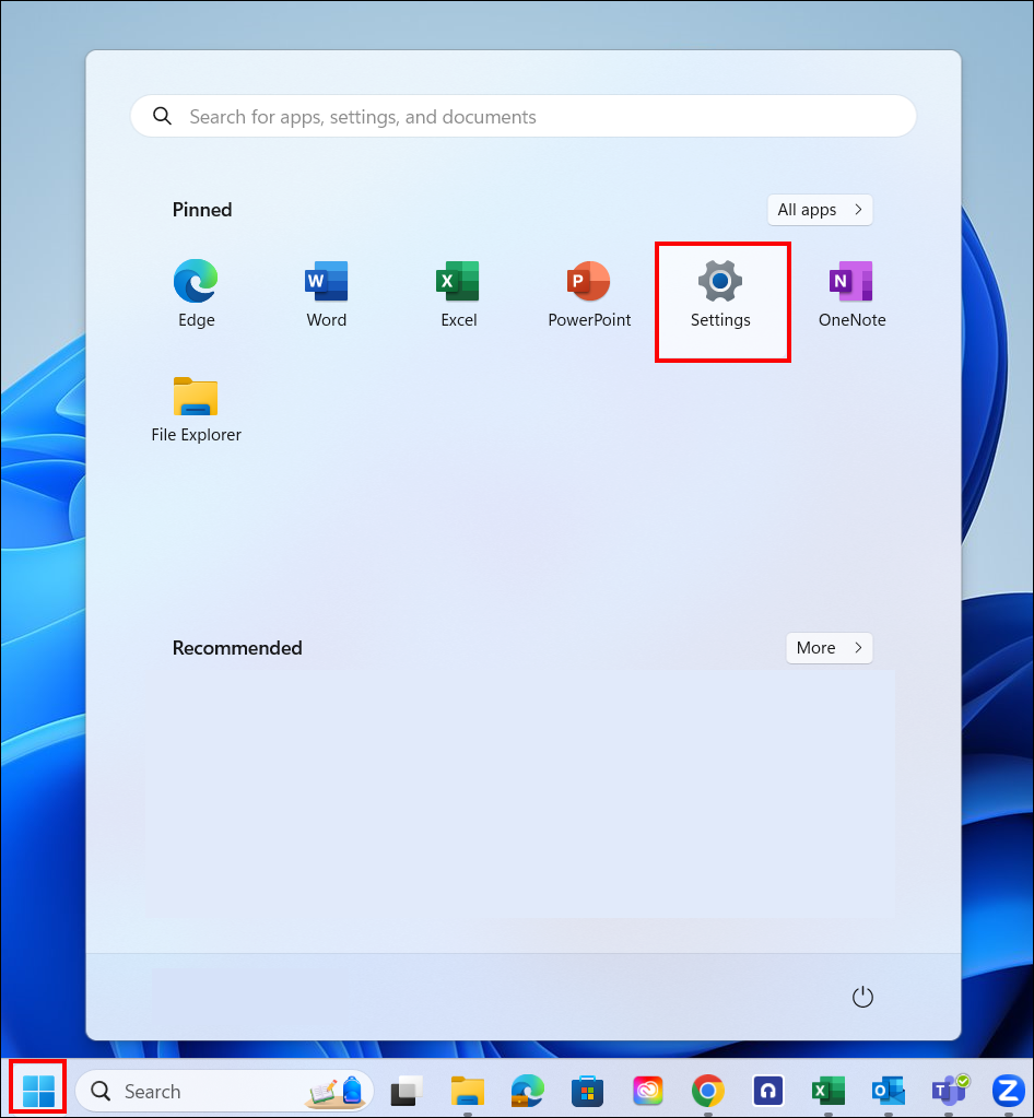 Windows start icon and settings screen