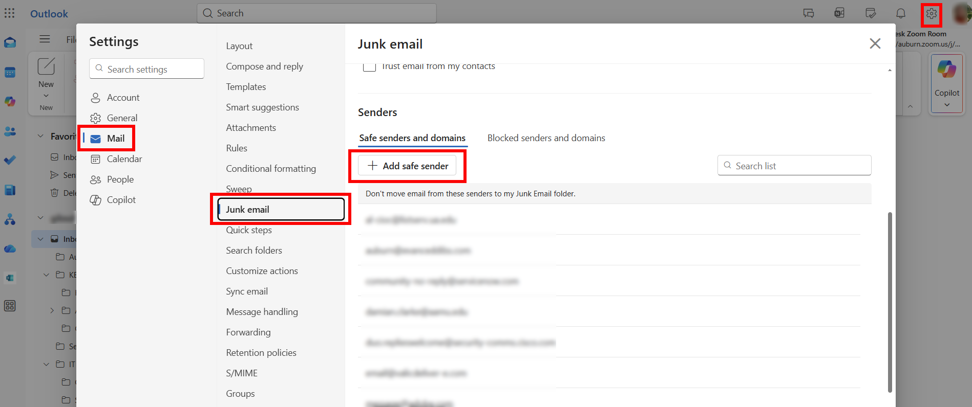 Add Safe Senders in Outlook New or Web