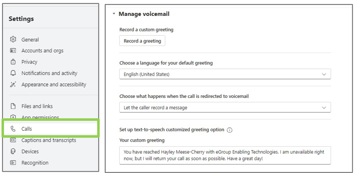Teams Voice voicemail settings screen