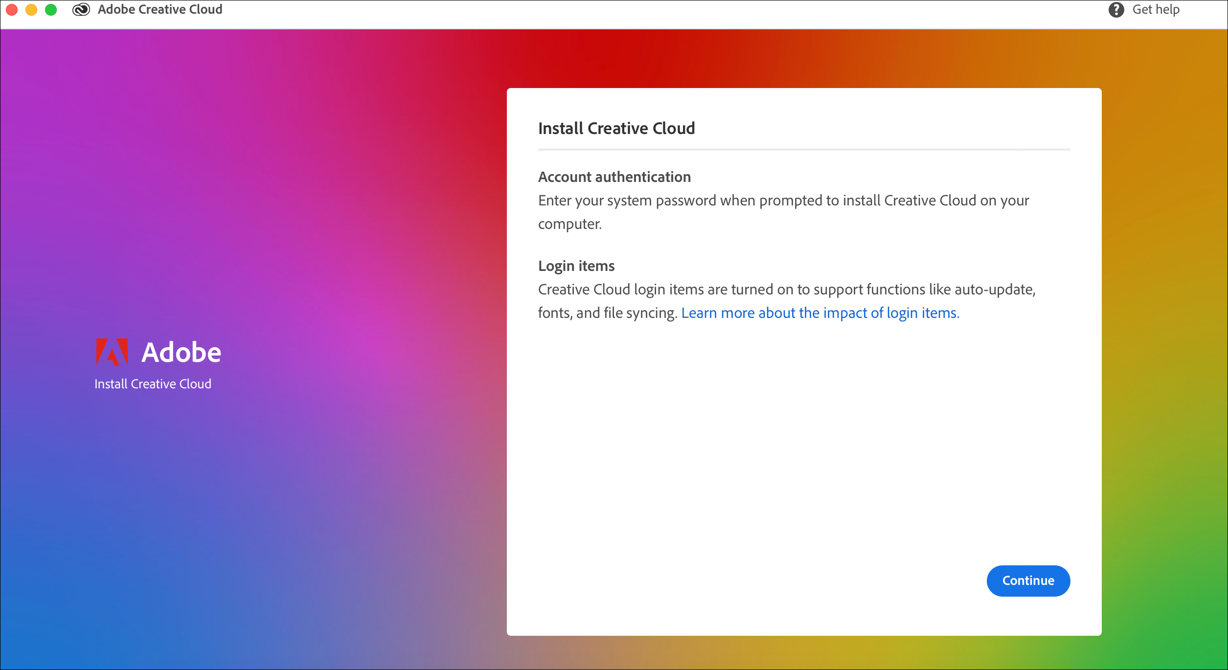 Creative Cloud Installer Account Auth page