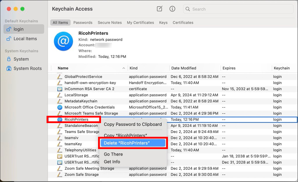 Mac ricoh printers keychain removal