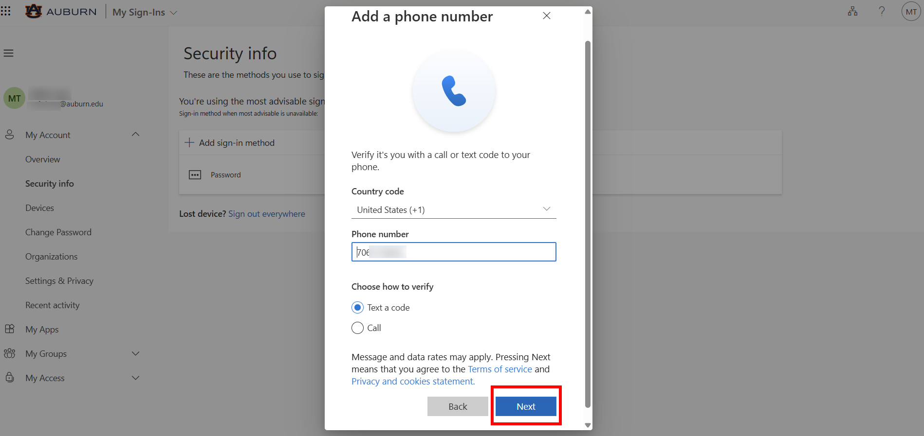 Alumni and retiree Outlook MFA phone options screen