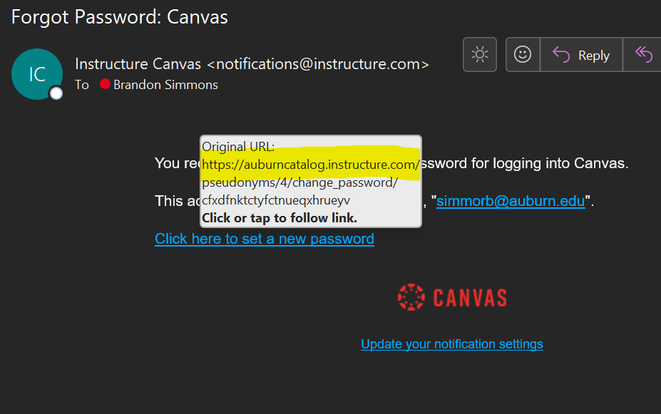 Highlighted URL showing Catalog's URL