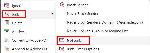 Not junk email selection