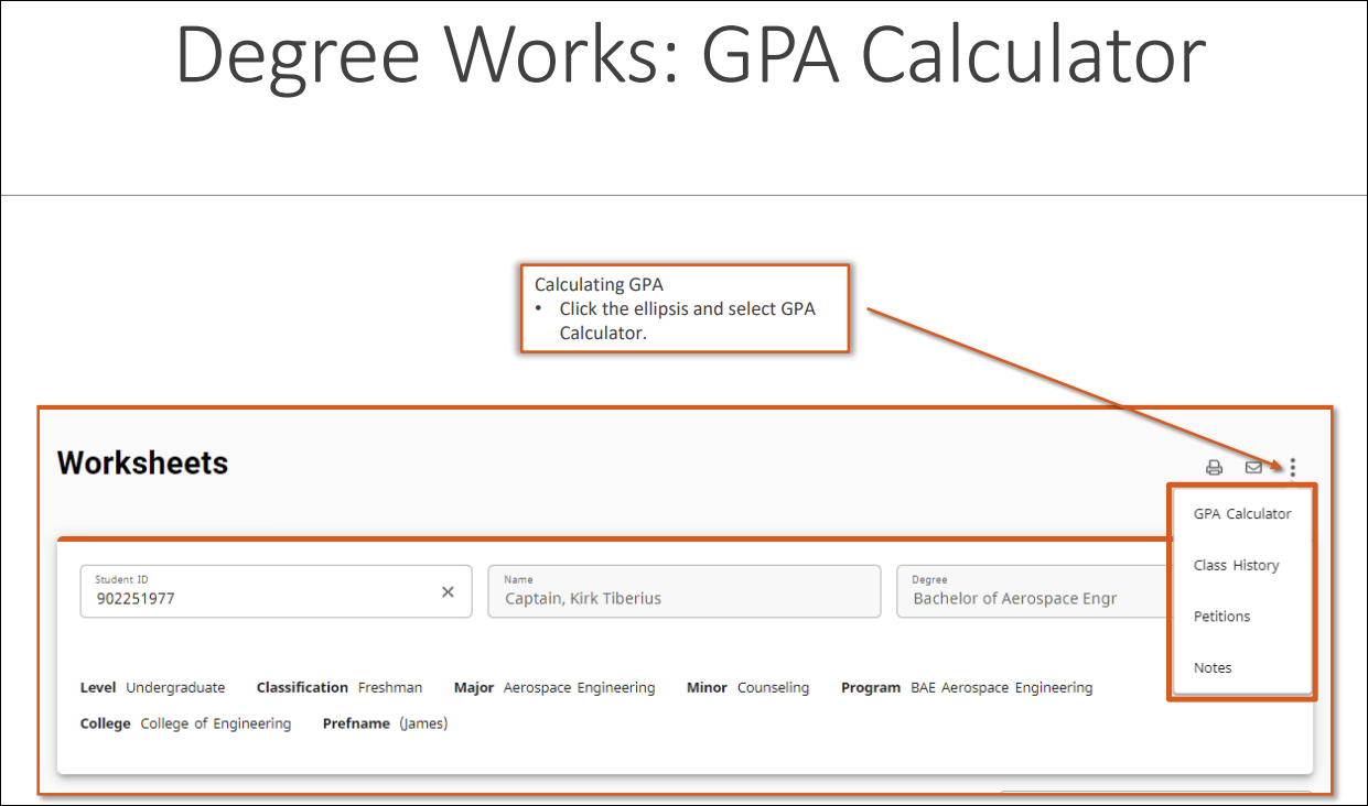 Degreeworks GPA calculator screen