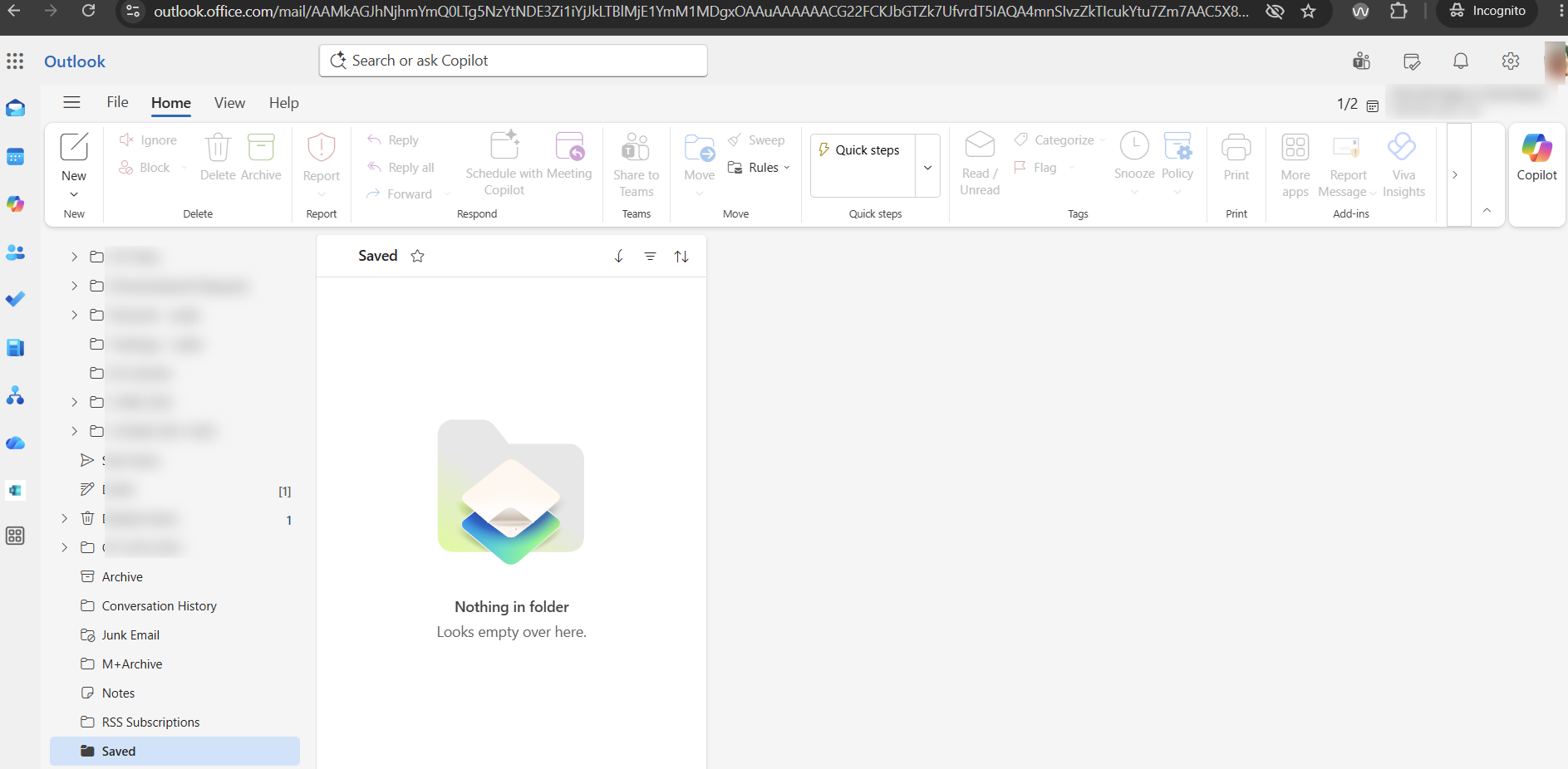 Outlook web main screen for email