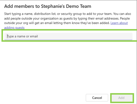Teams voice voice enabled channel add member and close