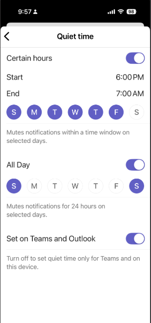Microsoft Teams set certain hours