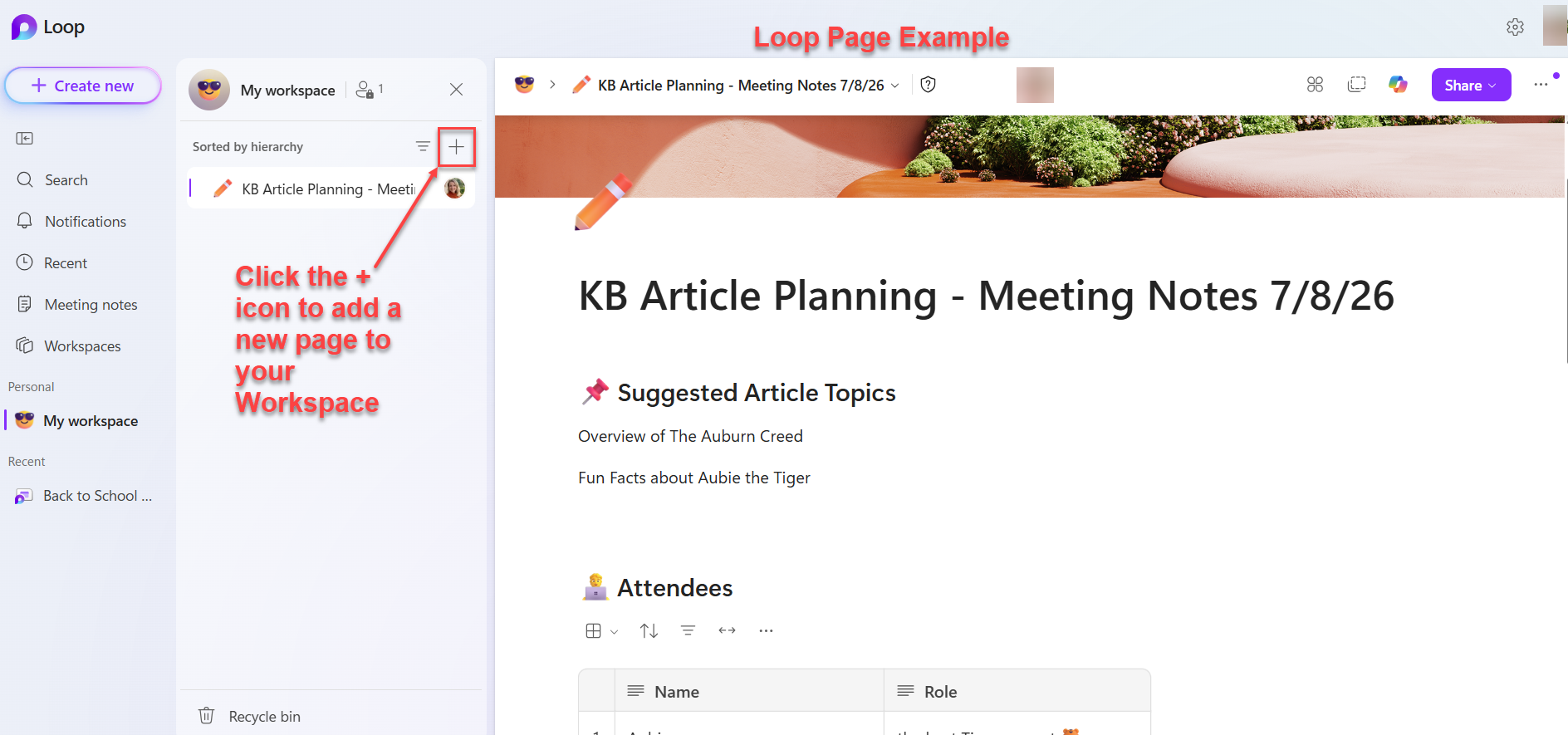 Microsoft Loop page example
