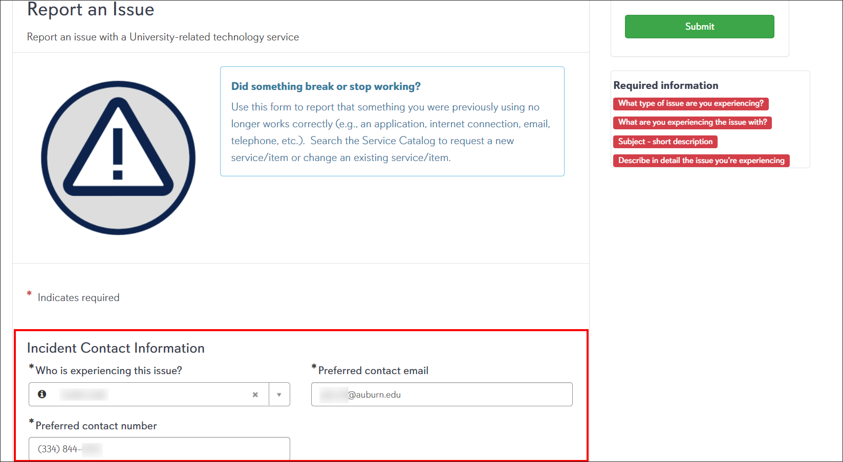 OIT report an issue incident contact information